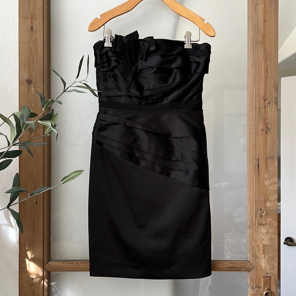 LBD strapless cocktail dress, black with ruching